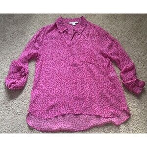 Diane Von Furstenberg Shirt Womens 14 Pink Silk Sheer Leopard Print Button Up
